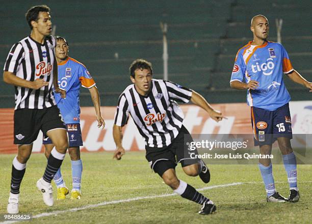 Adalberto Roman of Libertad celebrates scored goal during a match against Blooming at Ramon Aguilera Costa Stadium on April 15, 2010 in Santa Cruz,...