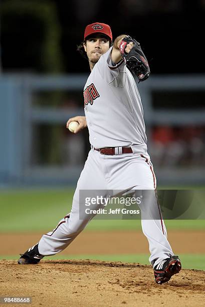 Dan Haren of the Arizona Diamondbacks pitches in the second inning against the Los Angeles Dodgers at Dodger Stadium on April 15, 2010 in Los...