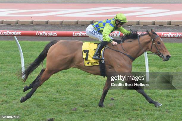 Belwazi ridden by Stephanie Thornton wins the Sheamus Mills Bloodstock Handicap at Moonee Valley Racecourse on June 27, 2018 in Moonee Ponds,...