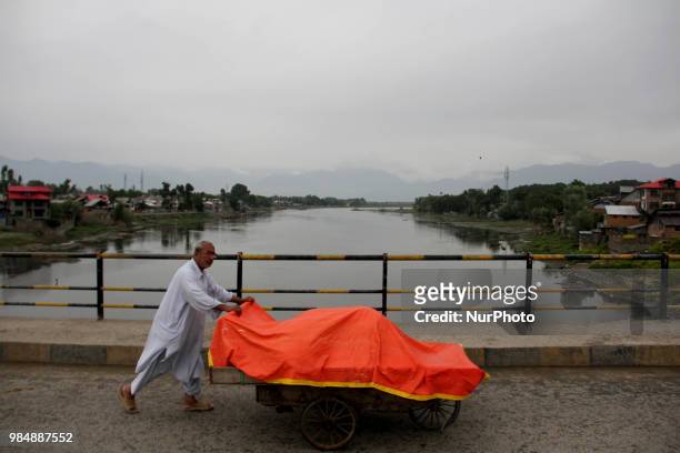 Vendor pushes his cart over the Bridge in Sopore of District Baramulla, Jammu and Kashmir, India, on 27 June 2018.