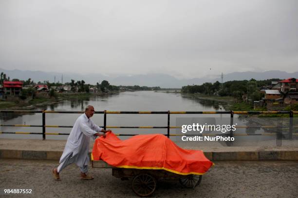 Vendor pushes his cart over the Bridge in Sopore of District Baramulla, Jammu and Kashmir, India, on 27 June 2018.