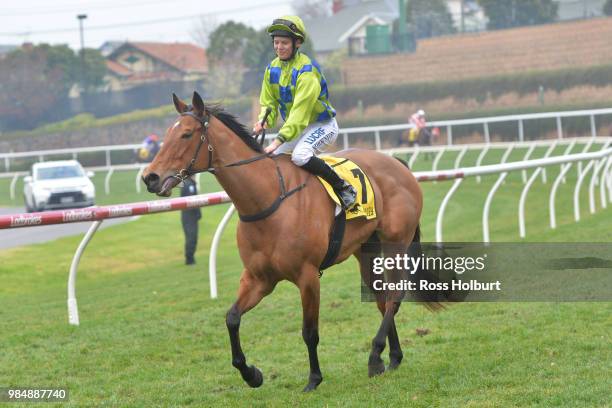 Stephanie Thornton returns to the mounting yard on Belwazi after winning the Sheamus Mills Bloodstock Handicap at Moonee Valley Racecourse on June...