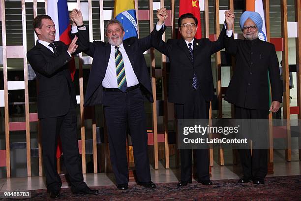 Russian President Dmitry Medvedev, Brazilian President Luiz Inacio Lula da Silva, Chinese President Hu Jintao, and Indian Prime Minister Manmohan...