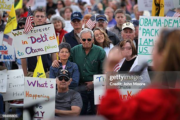 Tea Party supporters listen to conservative political speeches during a "Tax Day Tea Party" protest on April 15, 2010 in Fort Collins, Colorado. Tea...
