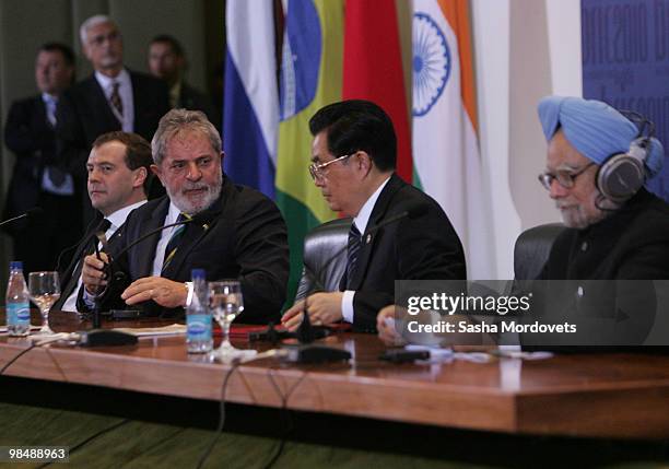 Russian President Dmitry Medvedev, Brazilian President Luiz Inacio Lula da Silva, Chinese President Hu Jintao, and Indian Prime Minister Manmohan...