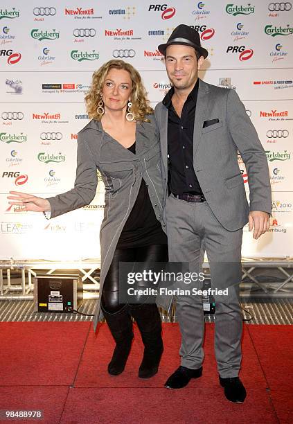 Host Bettina Tietjen and singer Roger Cicero attends the 'LEA - Live Entertainment Award 2010' at Color Line Arena at Hamburg on April 15, 2010 in...