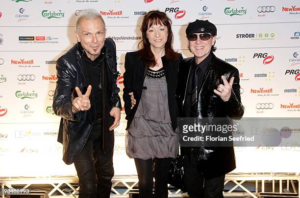 The Scorpions members Klaus Meine and wife Gabi and Rudolf Schenker attend the 'LEA - Live Entertainment Award 2010' at Color Line Arena at Hamburg...