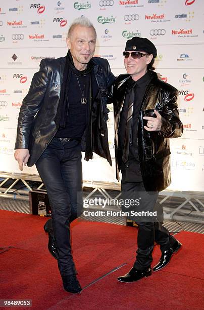 The Scorpions members Klaus Meine and Rudolf Schenker attend the 'LEA - Live Entertainment Award 2010' at Color Line Arena at Hamburg on April 15,...