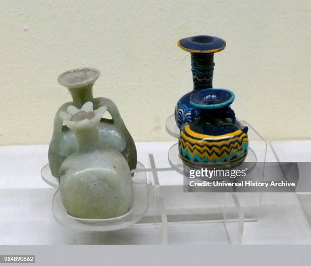 Perfume jars and plain bottles from a tomb at Tel El Amarna. Capital city of the 18th Dynasty King Akhenaten. Of Egypt. Approx. 1336 BC.