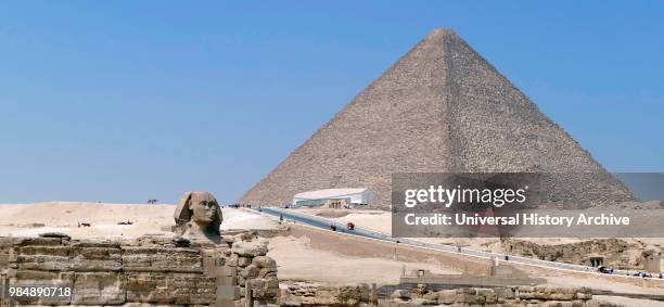 The Great Sphinx of Giza. Limestone statue of a reclining sphinx. A mythical creature with the body of a lion and the head of a human. Facing...