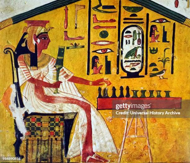 Nefertari playing Senet. Tomb painting 1255 BC. Queen Nefertari. Died 1255 BC. Was the first of the Great Royal Wives. Of Ramesses the Great. QV66 is...