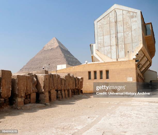 Boat of Ra museum next to the Pyramid of Khafre or of Chephren. Is the second-tallest and second-largest of the Ancient Egyptian Pyramids of Giza and...