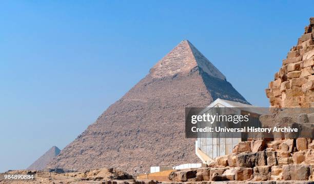 Boat of Ra museum next to the Pyramid of Khafre or of Chephren. Is the second-tallest and second-largest of the Ancient Egyptian Pyramids of Giza and...