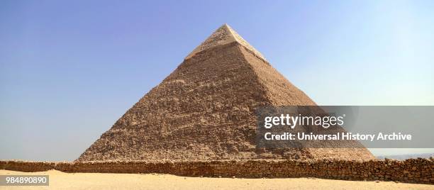 Pyramid of Khafre or of Chephren. Is the second-tallest and second-largest of the Ancient Egyptian Pyramids of Giza and the tomb of the...