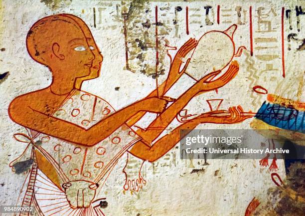 Priest dressed in leopard skin. Perform purification rites. Wall painting from the Theban Tomb of Userhat. The Royal Scribe. It forms part of the...