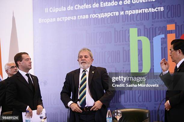 Russian President Dmitry Medvedev, Brazilian President Luiz Inacio Lula da Silva and Chinese President Hu Jintao attend a press conference at...