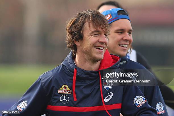 Liam Picken of the Bulldogs smiles during a training session at Whitten Oval on June 27, 2018 in Melbourne, Australia.