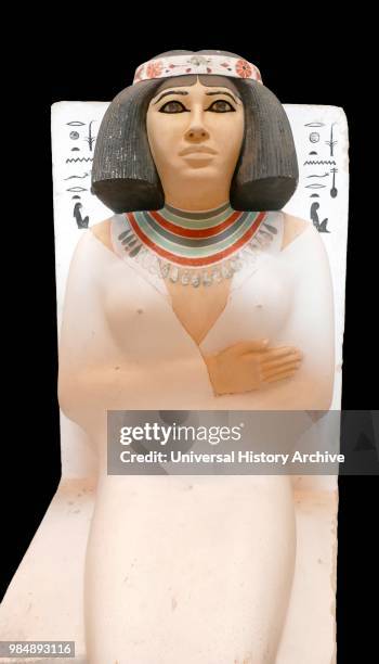 Painted limestone statue of Nofret. Wife of Rahotep. A Prince in ancient Egypt. During the 4th dynasty. The statue was discovered in 1871 by Albert...
