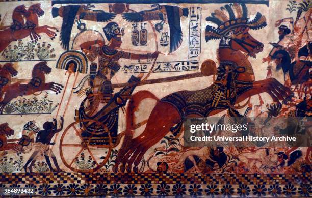 18th dynasty. Egyptian wooden chest depicting a hunting scene on one side and King Tutankhamen crushing enemies on the other side. 1323 BC.