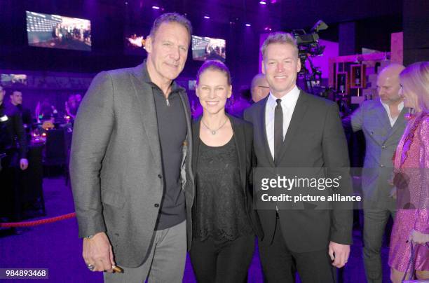 Actor Ralf Moeller , Arnold Schwarzenegger's nephew Patrick Schwarzenegger and his wife Bliss pictured at the Kitz Race Club Party 2018 in...