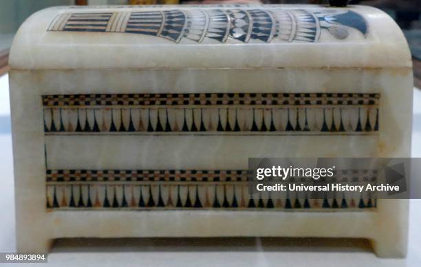 Alabaster wedding casket from the tomb of King Tutankhamen. Carved from a single block of calcite. Engraved with the cartouches of both the pharaoh...