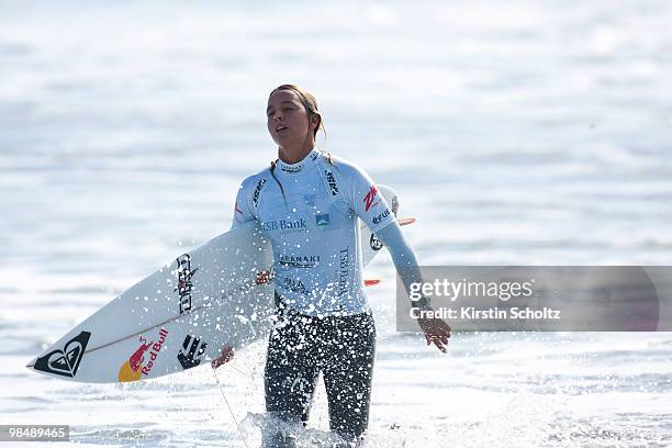Sally Fitzgibbons of Australia dissapointed after her defeat during the 2010 ASP Women's World Tour Womens Surf Festival at Fitzroy Beach on April...