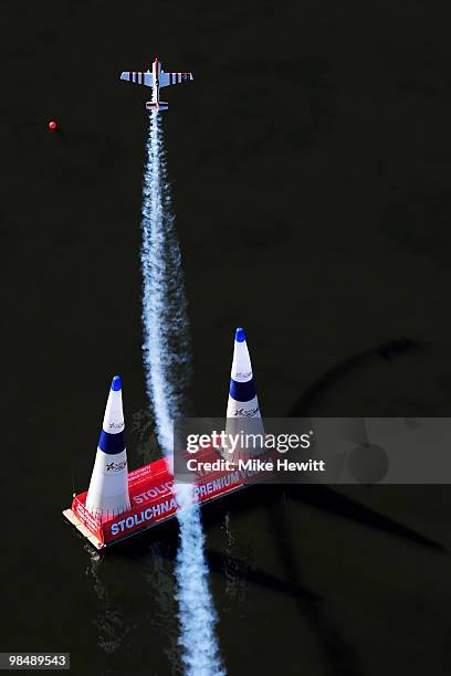 Paul Bonhomme of Great Britain in action over the Swan River during the Red Bull Air Race Training Day Two on April 16, 2010 in Perth, Australia.