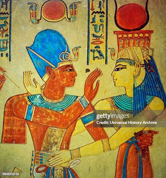 Relief from the Tomb of Prince Amunherkhepeshef . Valley of the Kings. The goddess Isis depicted embracing Ramesses III. Usimare Ramesses III was the...