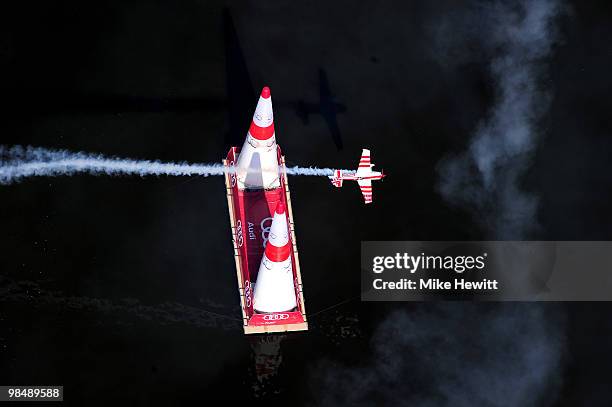 Paul Bonhomme of Great Britain in action over the Swan River during the Red Bull Air Race Training Day Two on April 16, 2010 in Perth, Australia.