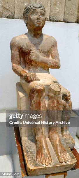 Painted limestone statue of the royal courtier. Nekhesfta and his son Nekheftek. VII Dynasty. Approx. 2200 BC. The Seventh Dynasty of Egypt would...