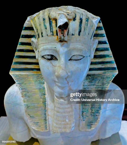 Head of Tutmosis III. Alabaster. 18th Dynasty. New Kingdom. Found at the mortuary temple of Mentuhotep II at Deir el Bahri. Egypt.