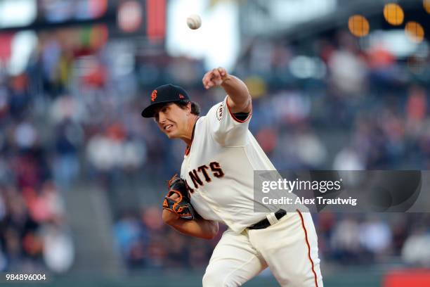 Derek Holland of the San Francisco Giants pitches during a game against the Colorado Rockies at AT&T Park on Tuesday, June 26, 2018 in San Francisco,...