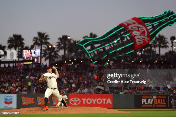 Derek Holland of the San Francisco Giants pitches during a game against the Colorado Rockies at AT&T Park on Tuesday, June 26, 2018 in San Francisco,...