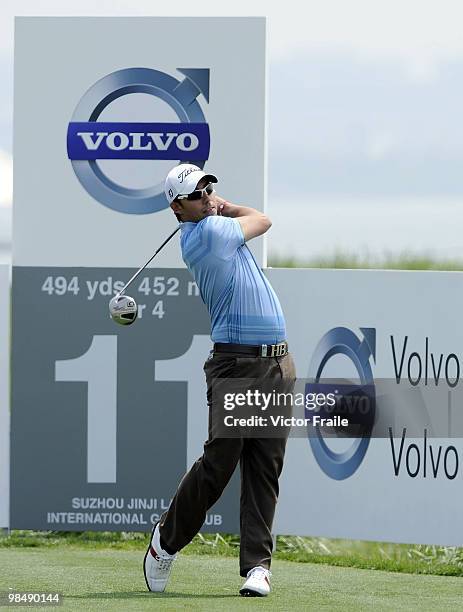 Pablo Larrazabal of Spain tees off on the 11th hole during the Round Two of the Volvo China Open on April 16, 2010 in Suzhou, China.