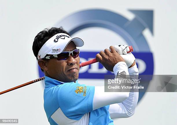 Thongchai Jaidee of Thailand tees off on the 3rd hole during the Round Two of the Volvo China Open on April 16, 2010 in Suzhou, China.