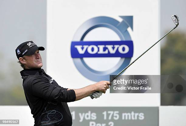 Jamie Donaldson of Wales tees off on the 8th hole during the Round Two of the Volvo China Open on April 16, 2010 in Suzhou, China.