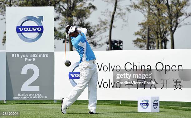 Thongchai Jaidee of Thailand tees off on the 2nd hole during the Round Two of the Volvo China Open on April 16, 2010 in Suzhou, China.