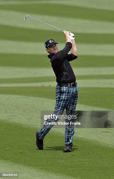 Jamie Donaldson of Wales plays his second shot on the 7th hole during the Round Two of the Volvo China Open on April 16, 2010 in Suzhou, China.