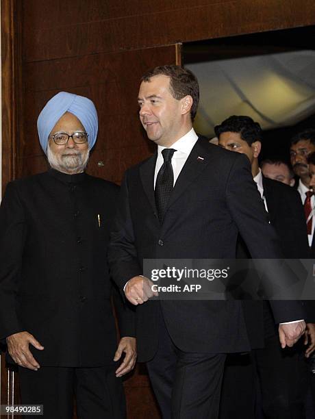 Russian President Dmitry Medvedev arrives for a meeting with Indian Prime Minister Manmohan Singh in Brasilia on April 15, 2010. Russian President...