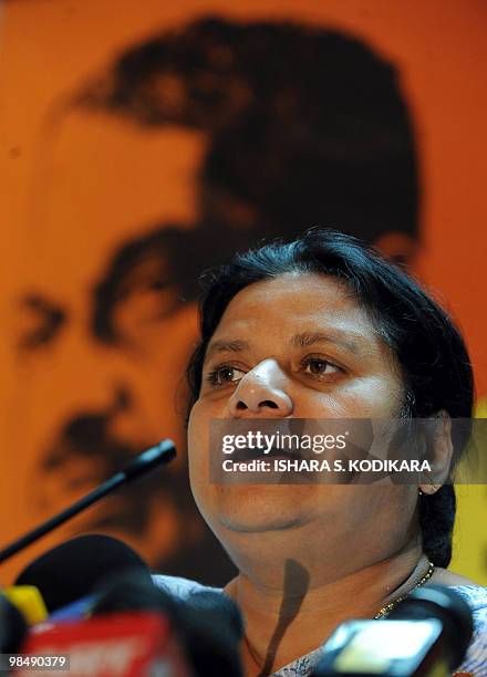 Anoma Fonseka, wife of former Sri Lankan army chief and detained presidential candidate Sarath Fonseka, speaks to reporters in Colombo on April 16,...