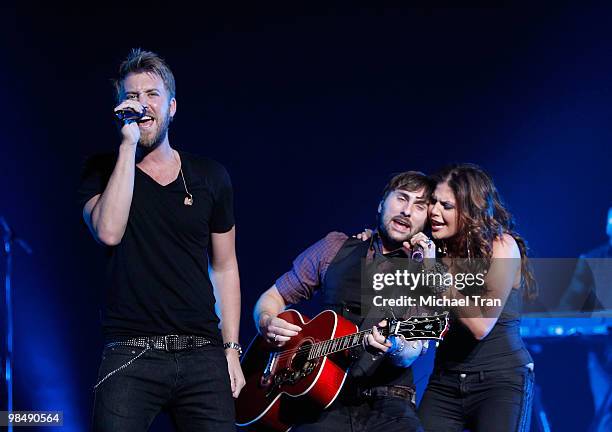 Charles Kelley, Dave Haywood and Hillary Scott of Lady Antebellum perform onstage at The Wiltern on April 15, 2010 in Los Angeles, California.