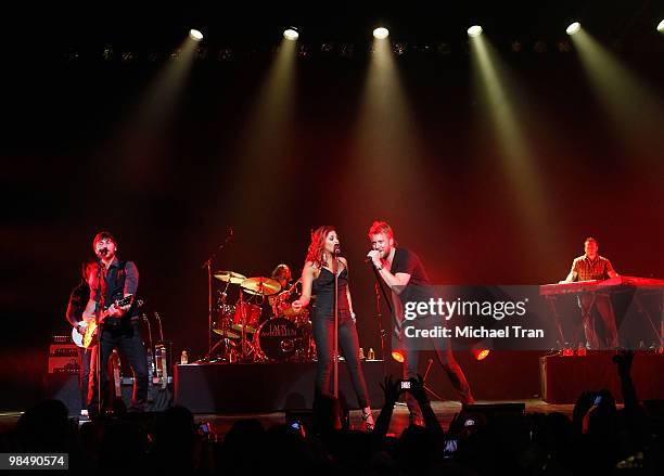 Charles Kelley, Dave Haywood and Hillary Scott of Lady Antebellum perform onstage at The Wiltern on April 15, 2010 in Los Angeles, California.
