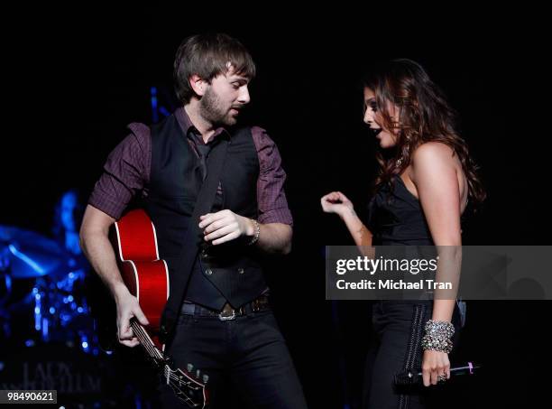 Dave Haywood and Hillary Scott of Lady Antebellum perform onstage at The Wiltern on April 15, 2010 in Los Angeles, California.