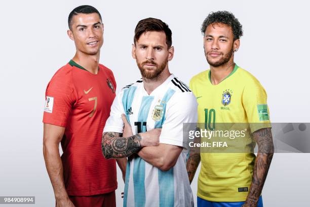 In this composite image,Lionel Messi of Argentina,Cristiano Ronaldo of Portugal,Neymar of Brazil pose for a portrait during the official FIFA World...