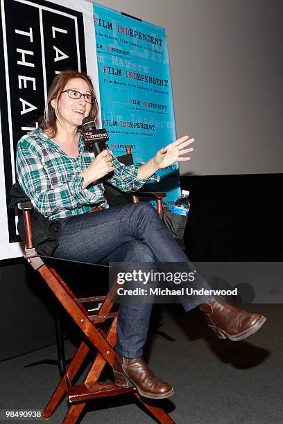 Director Nicole Holofcener speaks during Film Independent's Screening Of "Please Give" at the Landmark Theater on April 15, 2010 in Los Angeles,...