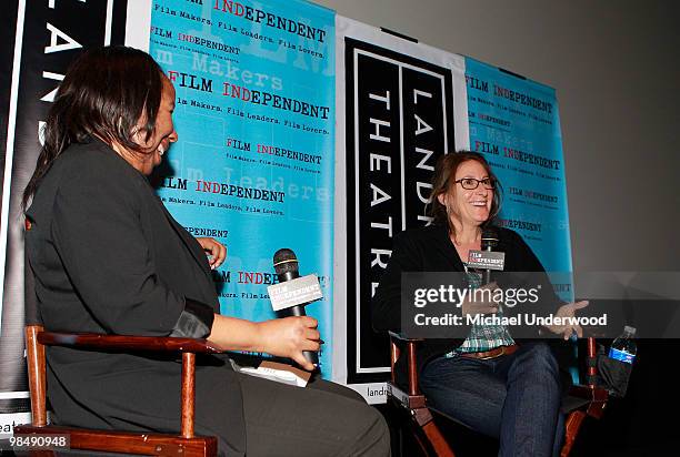 Tracie Lewis of Film Independent and Director Nicole Holofcener speak during Film Independent's Screening Of "Please Give" at the Landmark Theater on...