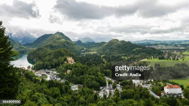 Hohenschwangau. Neuschwanstein Castle, built by Ludwig II of Bavaria, in the XIXth century, stands on a rocky spur of 200 meters high, near Fussen.