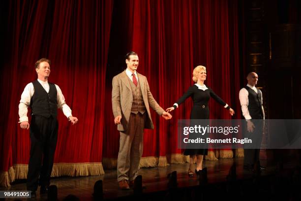 John Behlmann, Cameron Folmar, Kate McCluggage and Jamie Jackson during the curtain call at the opening night of "39 Steps" on Broadway at New World...