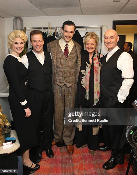 Kate MacCluggage, John Behlmann, Cameron Folmar, Christine Ebersole and Jamie Jackson pose backstage during the opening night of "39 Steps" on...