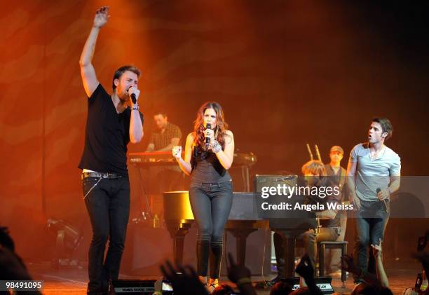 Musicians Charles Kelley, Hillary Scott, Dave Haywood of Lady Antebellum and Kris Allen perform at The Wiltern on April 15, 2010 in Los Angeles,...